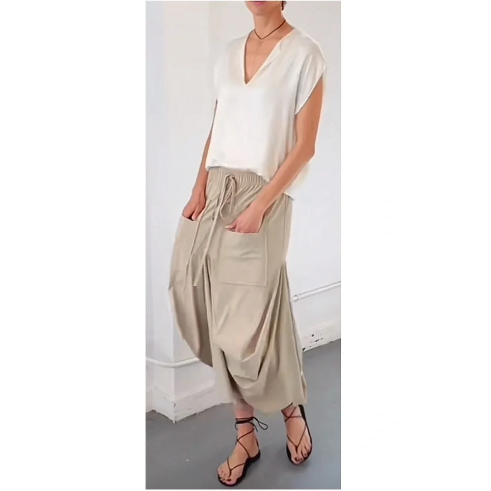 Ruti The Go-To Nylon Blend Tan Khaki Size XS / S Draped Lagenlook Midi Skirt - Picture 9 of 16